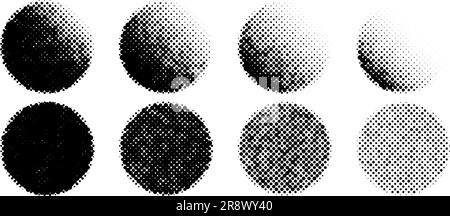 Halftone circles shapes set. Dotted textured spheres collection. Round fading gradient in comic and pop art style. Black spotted design elements bundle. Vector background pack  Stock Vector