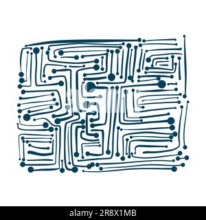 Green Printed Circuit Board Pattern, blue hand drawing. Stock Vector