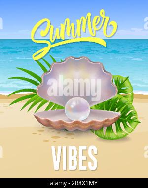 Summer vibes lettering with sea beach and pearl in shell Stock Vector