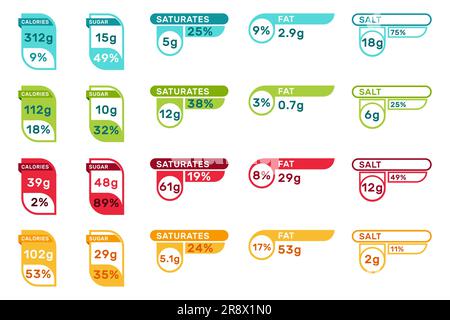 Different nutritional labels flat icon set Stock Vector