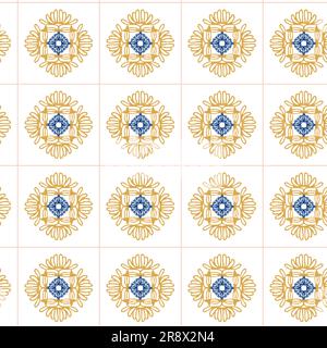 Geometry seamless pattern in Portugal style yellow and blue ornament. Azulejo vector, fashion interior design tiles. Ornamental textile background Stock Vector