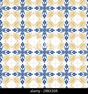 Geometry seamless pattern in Portugal style yellow and blue ornament. Azulejo vector, fashion interior design tiles. Ornamental textile background Stock Vector