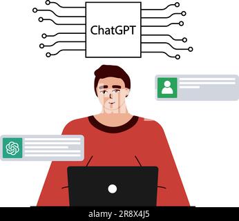 Minsk, Belarus - 04-02-2023. A person uses an artifical chatbot system assistant on a laptop. A man works, communicates. computer with artificial inte Stock Vector