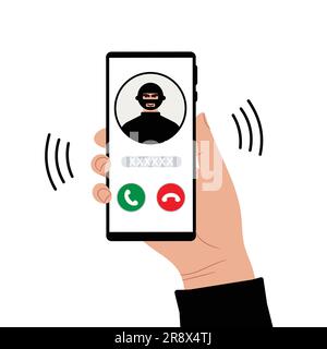 A call on the phone in the hand of a fraud person. A telephone fraudster deceives and steals money and cards through smartphone calls. Thief, hacker a Stock Vector