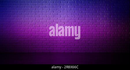 Room with brick wall and wooden floor in neon lights, banner design Stock Photo