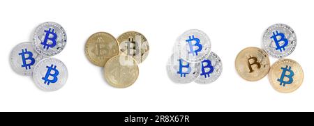 Collage with different bitcoins on white background, top view Stock Photo