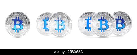 Collage with silver bitcoins on white background Stock Photo