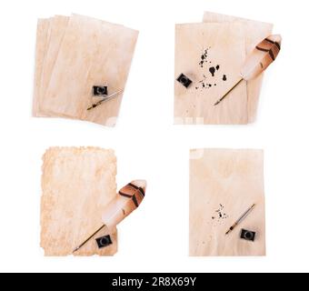 Many sheets of parchment, inkwell and different pens on white background, top view. Collage design Stock Photo