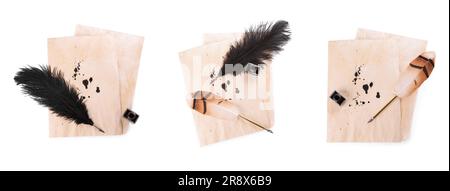 Sheets of parchment with stains of ink, feather pens and inkwell on white background, top view. Collage design Stock Photo
