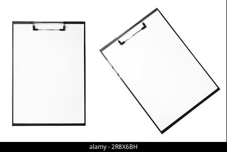 Black clipboard with blank sheet of paper on white background Stock Photo