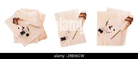 Sheets of parchment with stains of ink, feather pen and inkwell on white background, top view. Collage design Stock Photo