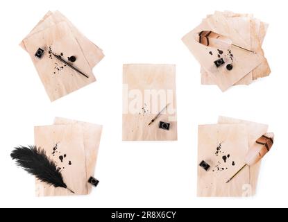 Many sheets of parchment with stains of ink, inkwell and different pens on white background, top view. Collage design Stock Photo
