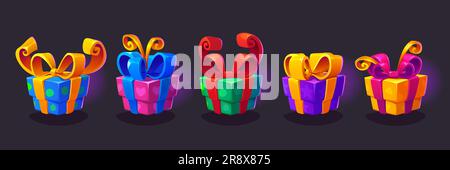 Color gift box for ui game icon cartoon vector. Bonus or reward present with ribbon for mobile casino app design. Colorful birthday pack with bow for mystery giveaway lottery graphic illustration set. Stock Vector