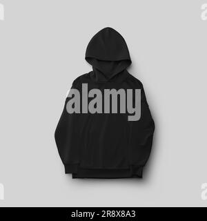 Black hoodie template with pocket, folded hood, streetwear presentation isolated on background, for commerce, advertising. Fashion apparel mockup for Stock Photo