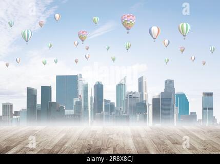 Concept of air pollution concept with aerostats flying above city Stock ...