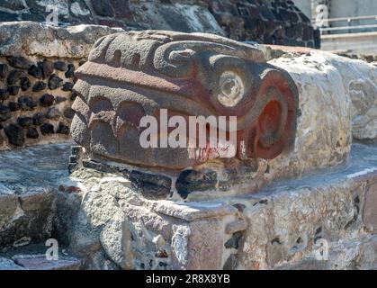 Stone serpent head at Great Temple, archaeological site and museum of Templo Mayor, Mexico City, Mexico Stock Photo