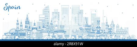 Outline Spain City Skyline with Blue Buildings. Vector Illustration. Modern and Historic Architecture. Spain Cityscape with Landmarks. Madrid. Stock Vector