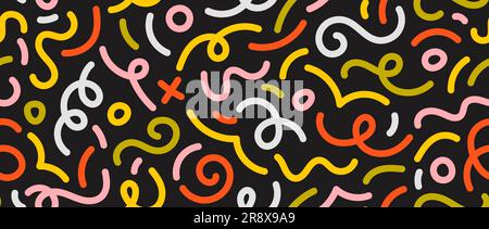 Colorful doodle seamless pattern. Abstract squiggle line repeating background. Simple scribbles, spirals and shapes wallpaper. Textile or fabric print design swatch. Vector backdrop. Stock Vector