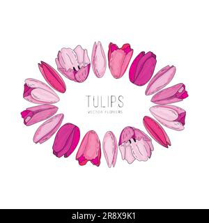 Hand drawn vector floral frame with pink flowers tulips. Elegant logo template. Stock Vector