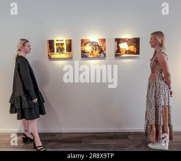 London, UK. 23rd June, 2023. Elena Rivera-Montanes,(L) Yellow Freesias, (M) December, (R) Remind me why. A new exhibition inspired by John Everett Millais' painting 'The Bridesmaid' (1851) titled, 'The Angel in the House' opens at STUDIO WEST, a gallery in Notting Hill, London. Featuring the work of seven emerging UK-based female painters: The exhibition runs until 20th July 2023. Credit: Paul Quezada-Neiman/Alamy Live News Stock Photo