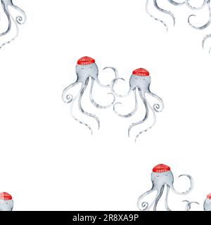 watercolor seamless pattern on the marine theme. cute dancing octopuses in red caps. children's pattern for textiles, printing, wallpaper Stock Photo