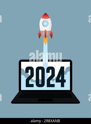 rocket launch from the laptop into the year 2024 Stock Vector