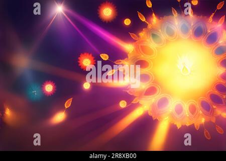 Happy Diwali - Oil lamps lit on colorful rangoli during Diwali indian celebration, Colorful clay diya lamps with flowers on red table top carpet backg Stock Photo