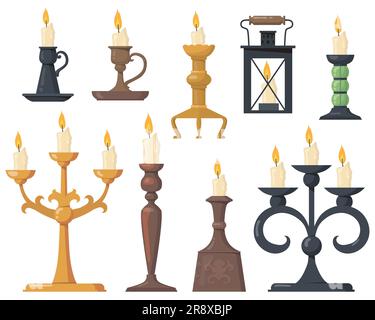Vintage candles in candlesticks flat icon set Stock Vector