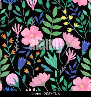 Vector seamless pattern with simple romantic pink flowers. Hand-drawn illustration in watercolor style for design. Stock Vector