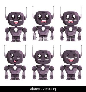 black color robot artificial intelligence future technology modern with big smile angry afraid blinking eye sad and laughing expression feeling Stock Vector