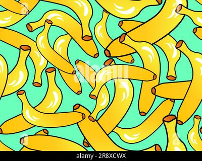 Gradient yellow color bananas seamless pattern. 3d bananas with black stroke and light reflection. Design for print, wrapping paper, wallpapers and ba Stock Vector