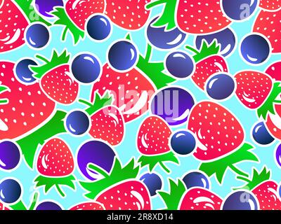 Strawberries and blueberries seamless pattern. Summer berry mix with blueberries and strawberries in 3d style with gradient colors on a blue backgroun Stock Vector