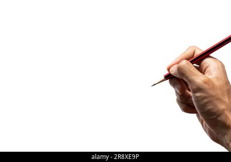 Right hand holding a pencil on isolated white, after some edits. Stock Photo