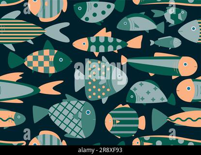 Vector seamless pattern with flat fish. Original decorative color illustration for print, web, decoration. Stock Vector