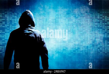 hooded man hacker anonymous concept for cyberattack and ransomware Stock Photo