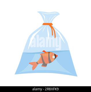 Careful fish behavior. Small fish dies in plastic bag of water. Marine pets transportation. Aquatic domestic animal. Dead goldfish floating upside dow Stock Vector