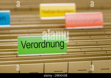 Hanging file folder labeled with Satutes in german - Verordnung Stock Photo