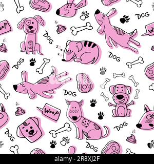 Funny seamless pattern with hand drawn doodle dogs, paw prints and bones. Vector animal character on white background. Cute surface design for textile Stock Vector