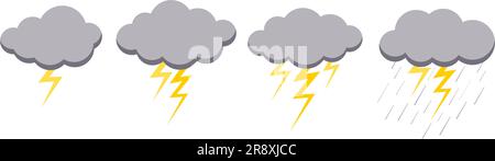 Clouds rain thunderstorm bad weather icon set isolated on white background. Illustration of rain, shower, lightning thunder and thunderstorm stage. Ra Stock Vector