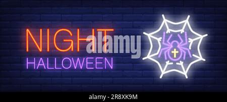 Night Halloween neon style banner with spider in web Stock Vector