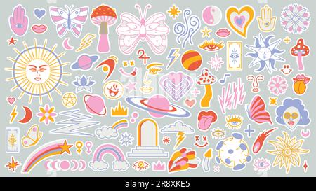 Magic background groovy in retro trend style with clipart elements. Decorative mystical vector isolated pattern. clipart stickers. Esoteric element wi Stock Vector