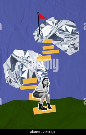 Vertical collage image of black white colors unsatisfied girl sit stairs contemplate lacking motivation climb mountain top aim flag Stock Photo