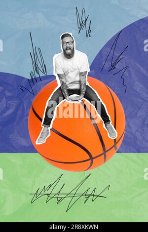 Vertical collage picture of impressed mini black white gamma guy sit huge basketball isolated on paper background Stock Photo