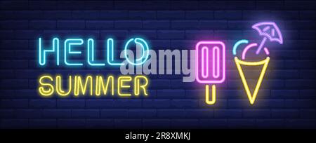 Hello summer neon style lettering. Choc ice and cone icecream Stock Vector