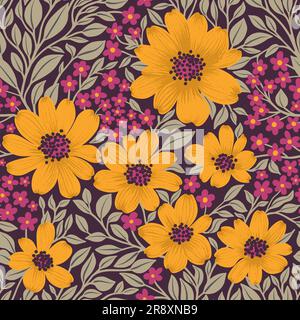 Floral Seamless Pattern of Yellow and Plum Flowers, Grey Leaves on Dark Violet Backdrop, Wallpaper Design for Textiles, Papers, Prints, Fashion Backgrounds, Beauty Products Stock Vector