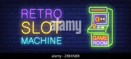 Retro slot machine neon style banner on brick background Stock Vector