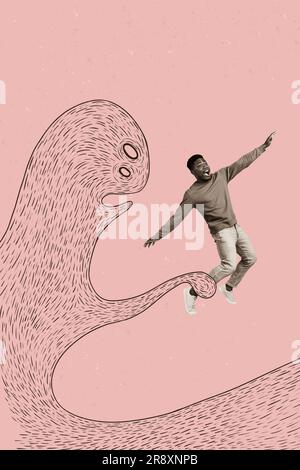 Vertical collage picture of huge painted monster catch hold leg impressed scared mini black white colors guy isolated on beige background Stock Photo