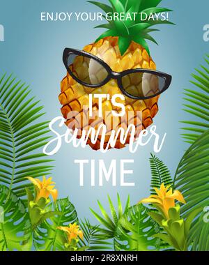 It is summer time lettering with pineapple in sunglasses Stock Vector