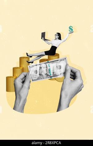 Vertical collage of ambition of young successful business lady money golden coins hold laptop receive banknote isolated on yellow background Stock Photo