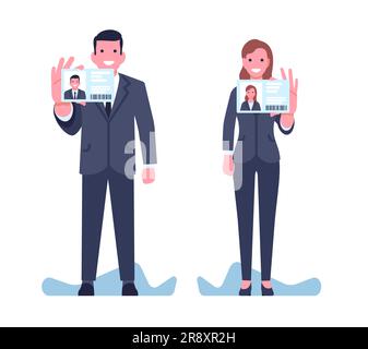 Man and woman in suits show their ID plastic card. Identity document. People holding identification license. Office workers. Authentication with name Stock Vector